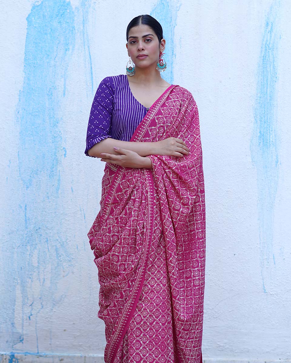 Phulpari Pink Handblock Print Cotton Saree - BFG