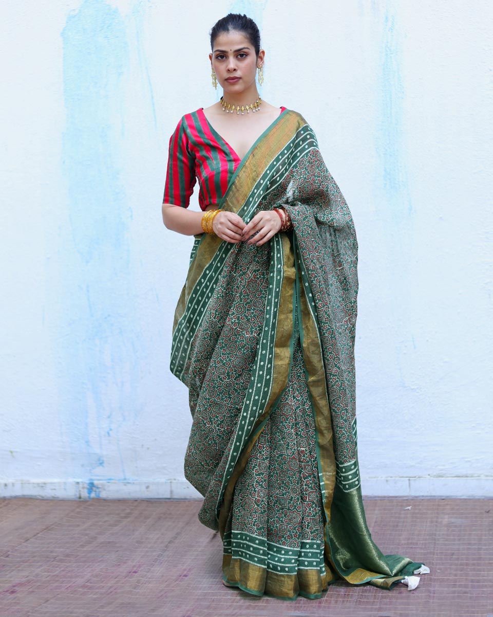 Deepti Green Handblock Print Linen Saree - RSH