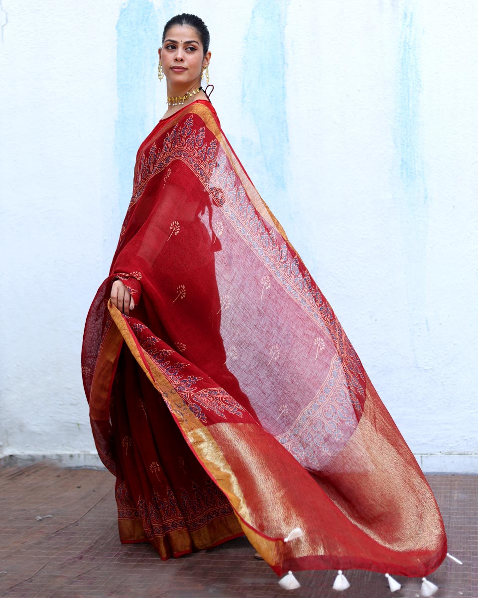 Nayyir Maroon Handblock Print Linen Saree - RSH