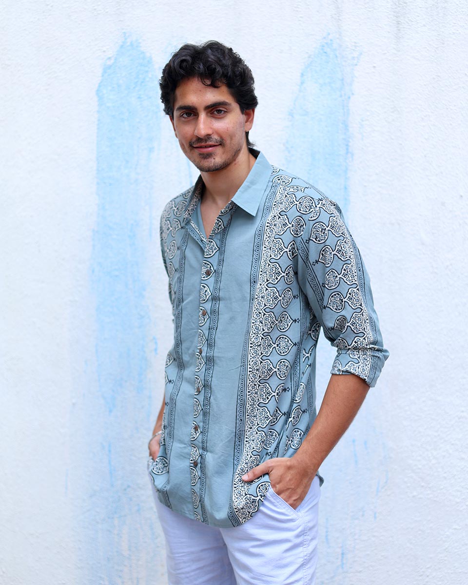 Mehrun Blue With Grey Hand Block Print Cotton Shirt - TOF