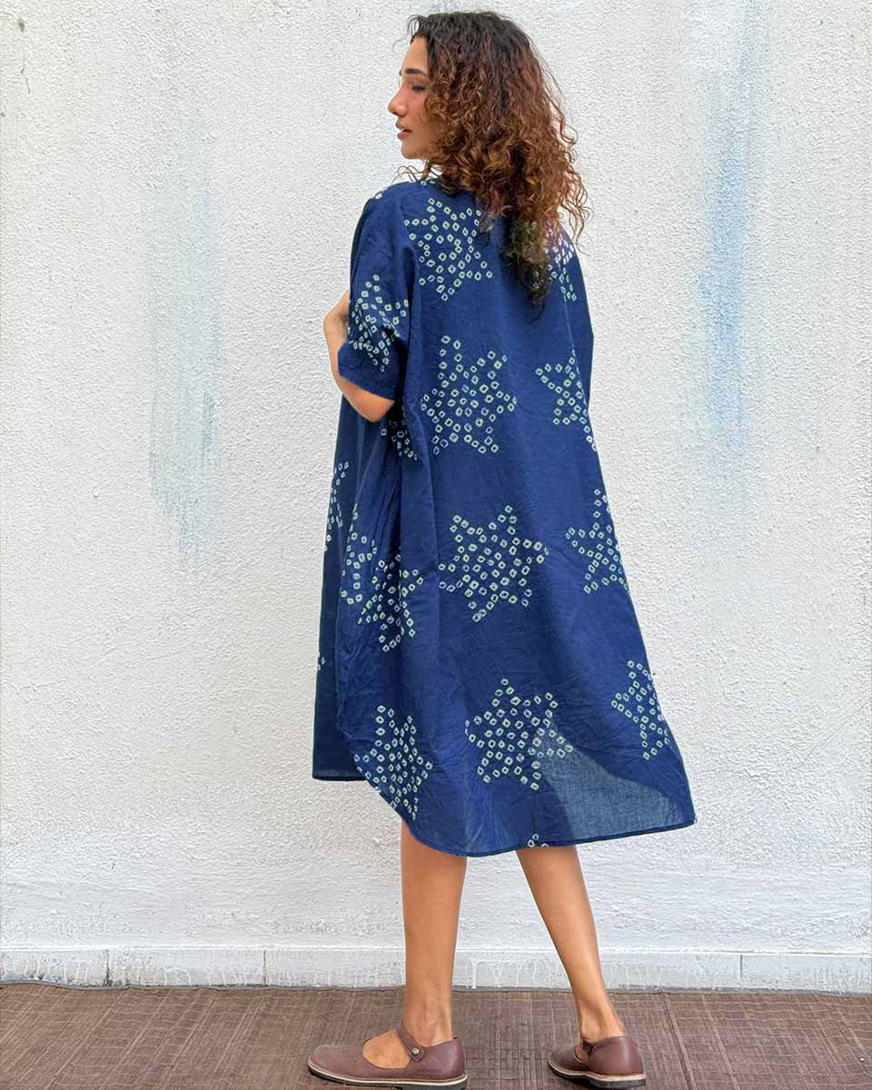 Blue Me Away Bandhej Cotton Dress - Freesize