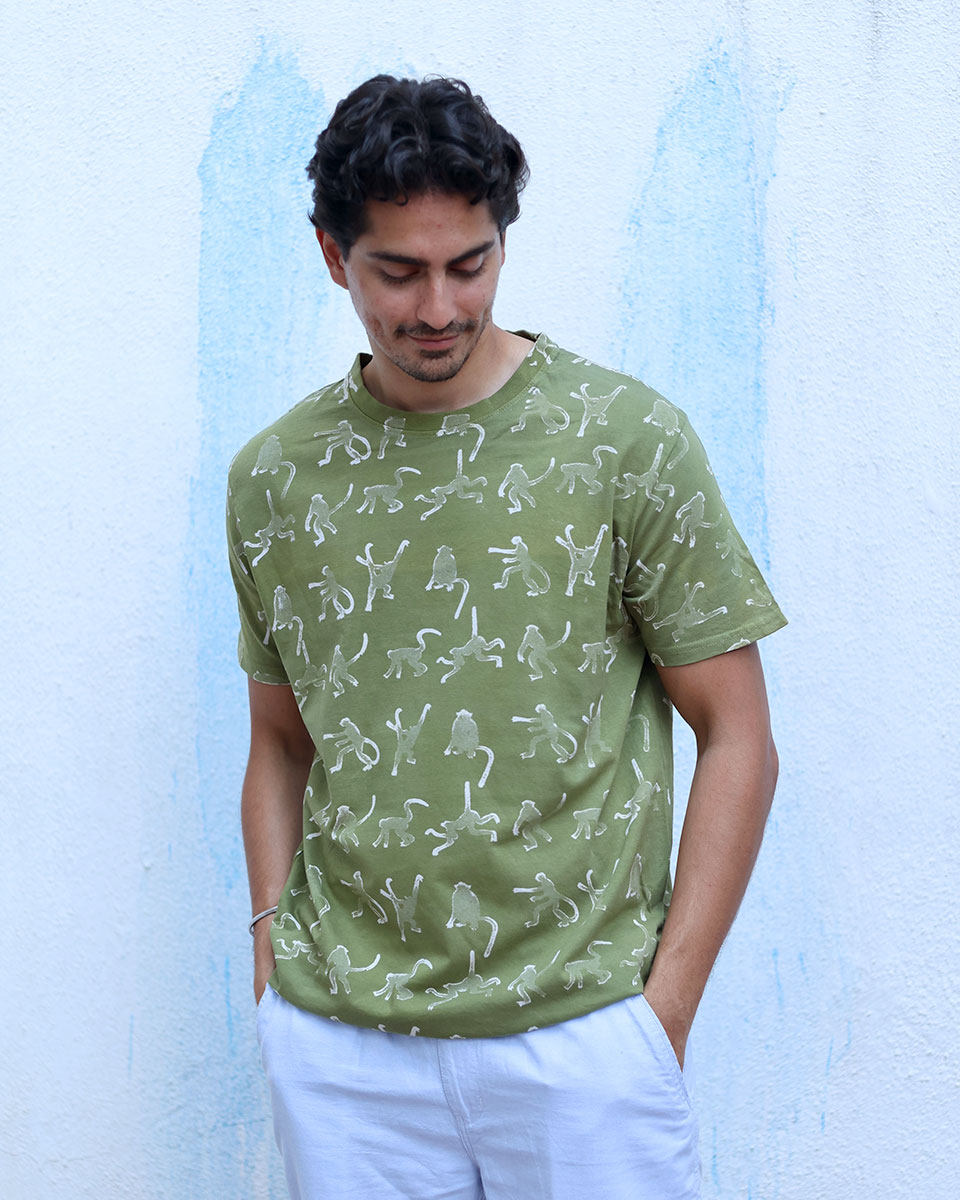 Ranjha Olive Green White Hand Block Print Cotton T- Shirt - TOF