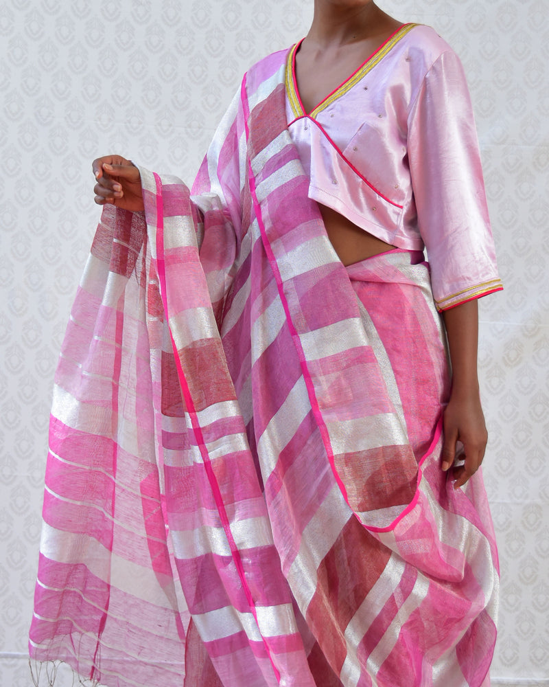 Pretty Pink Handwoven Linen Zari Saree - Bgvl