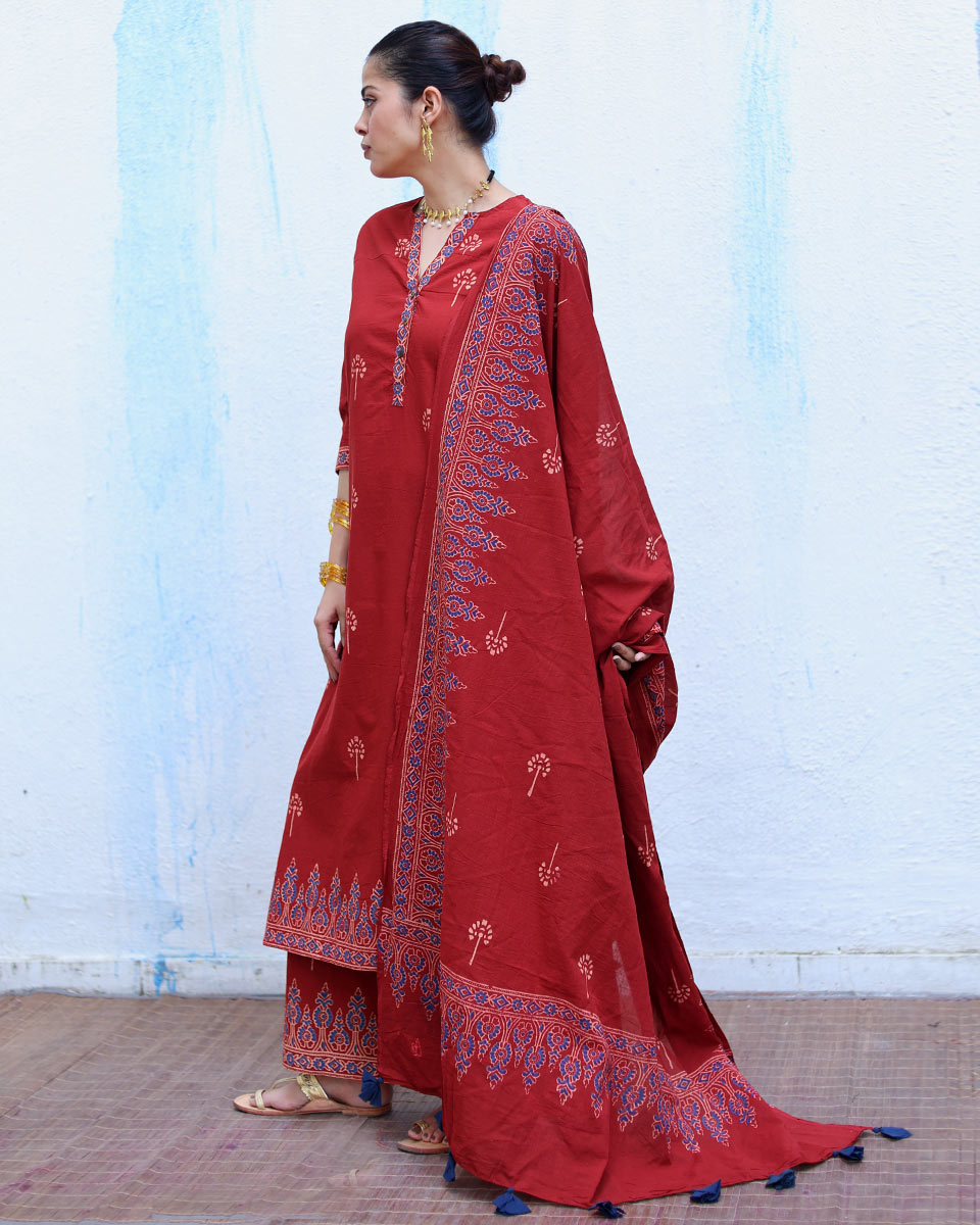 Tara Red Handblock Print Cotton Dupatta - RSH