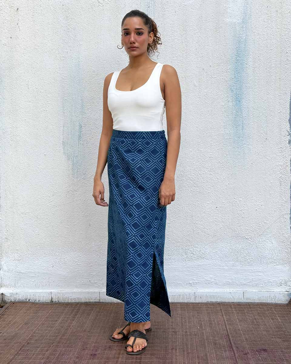 Buy Indigo Bunting Blockprinted Cotton Skirt | Skirt | Skirt