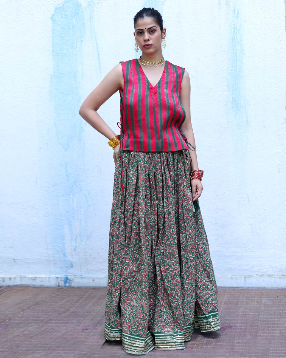 Ujvala Red With Green Handblock Print Mashru Silk Blouse - RSH