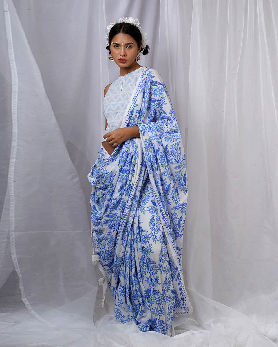 Rimi Ivory Hand Block Printed Saree-BAD