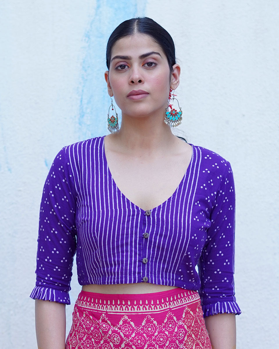 Pankhuri Purple Handblock Print Cotton Blouse - BFG