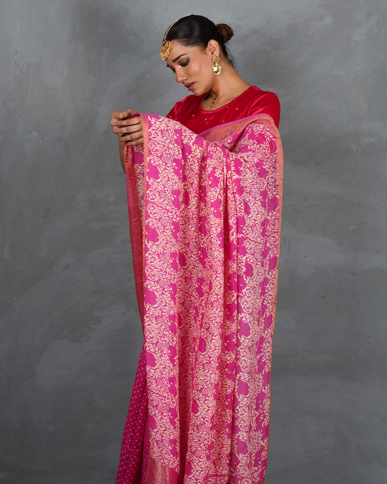 Fiza Pink Handblock Linen Saree - TARA