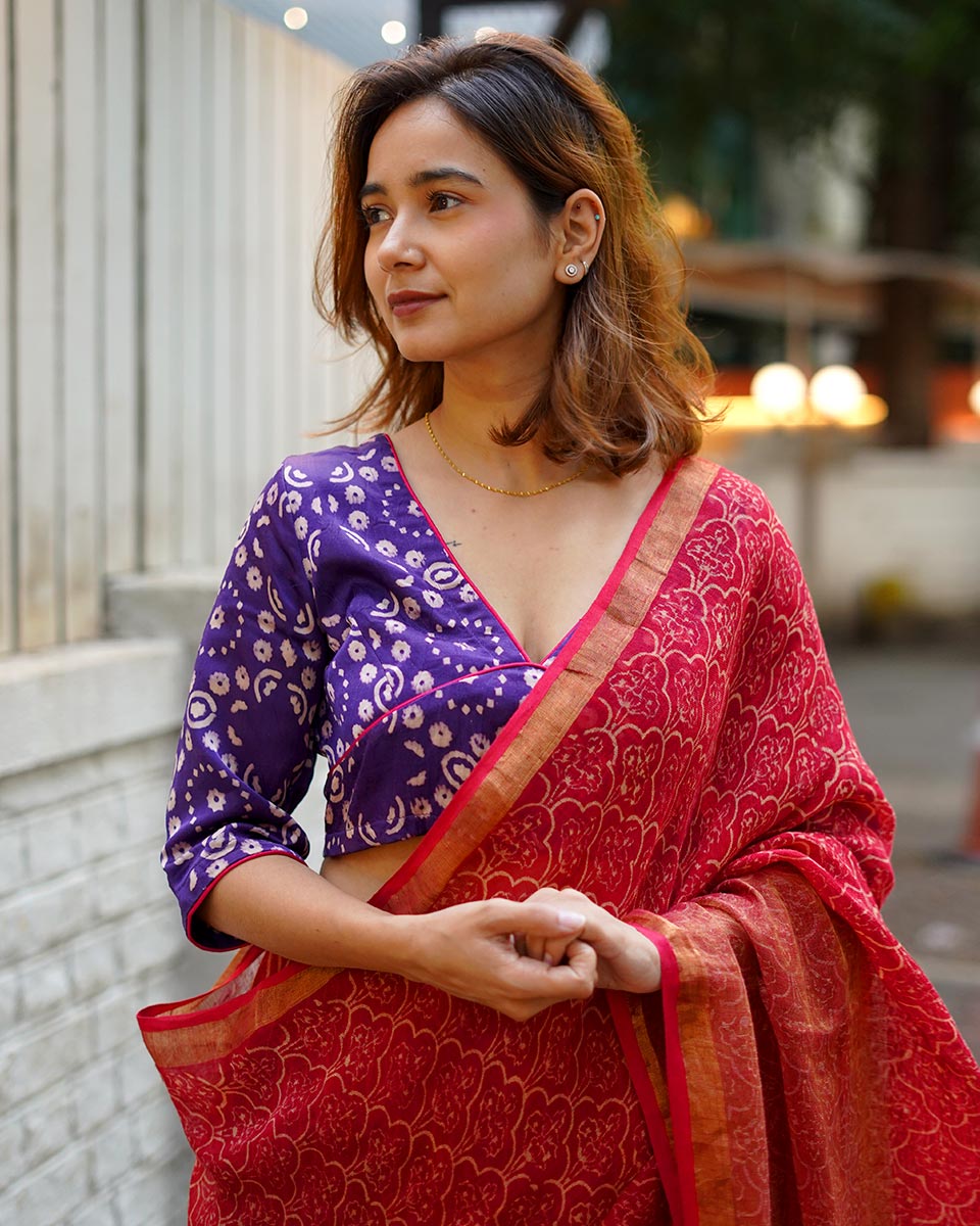 Ananya Red Handblock Printed Linen Saree - Anant