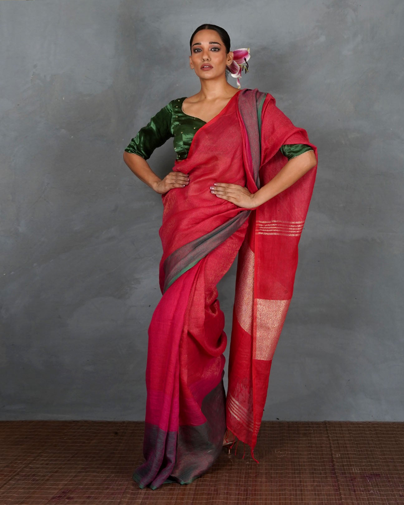 Glow Forward Red With Green Handwoven Linen Saree - TARA
