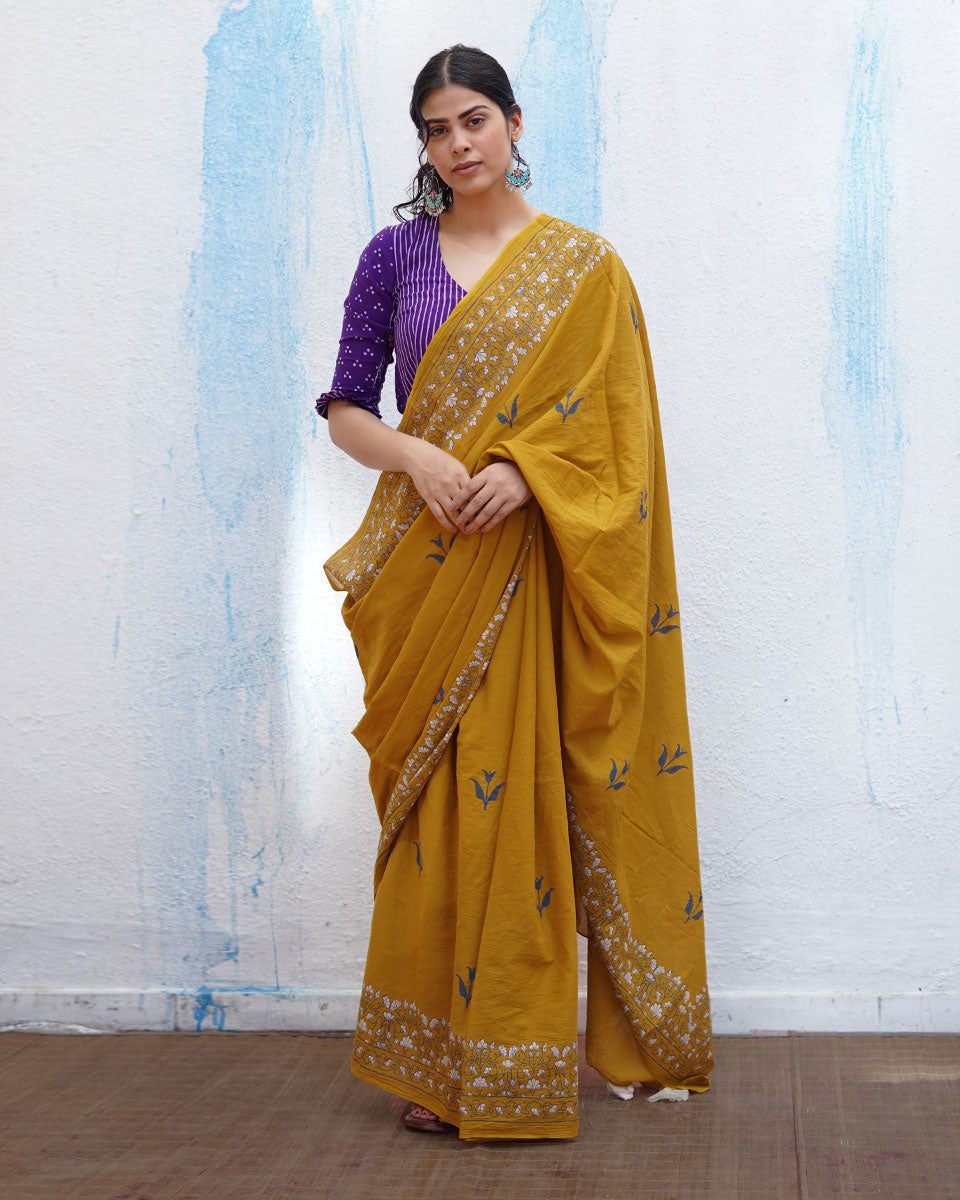 Manchali Mustard Yellow Handblock Print Cotton Saree - BFG