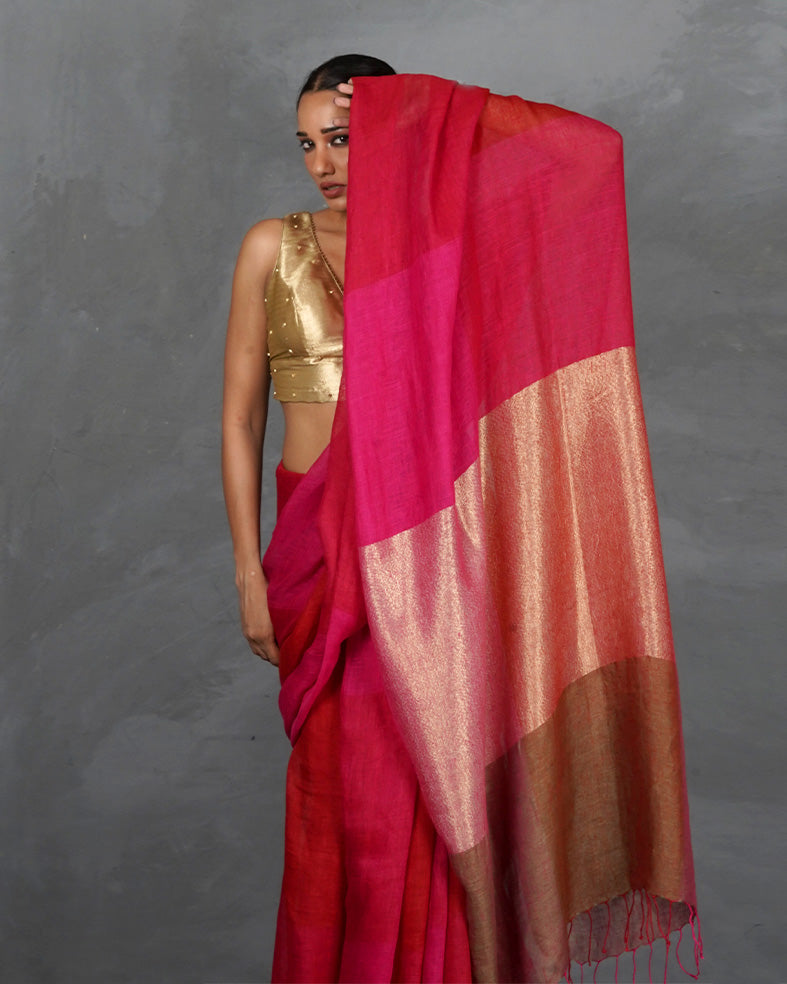 Inner Glow Red With Pink Handwoven Linen Saree - TARA