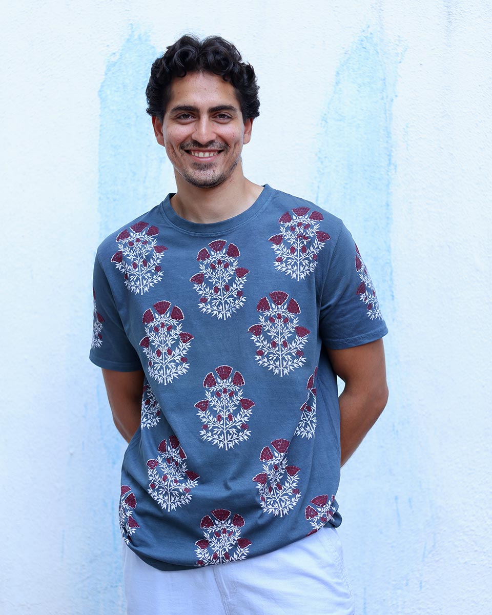 Sagar Blue Hand Block Print Cotton T- Shirt - TOF