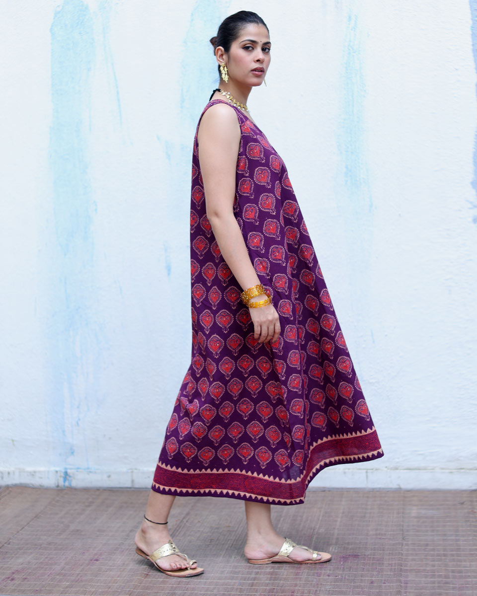Jugnu Purple Handblock Print Cotton Dress - RSH