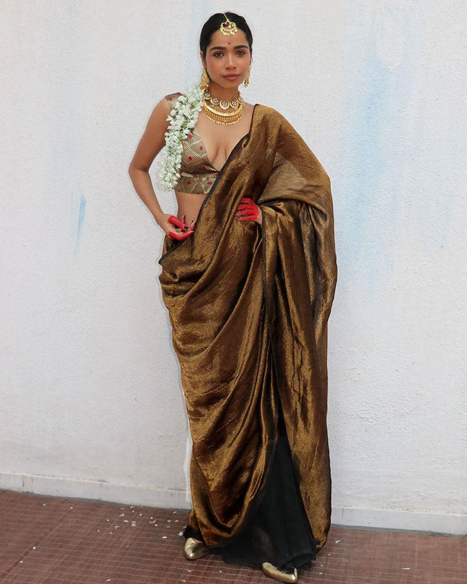 Mrinal Brown Handwoven Linen Zari Saree