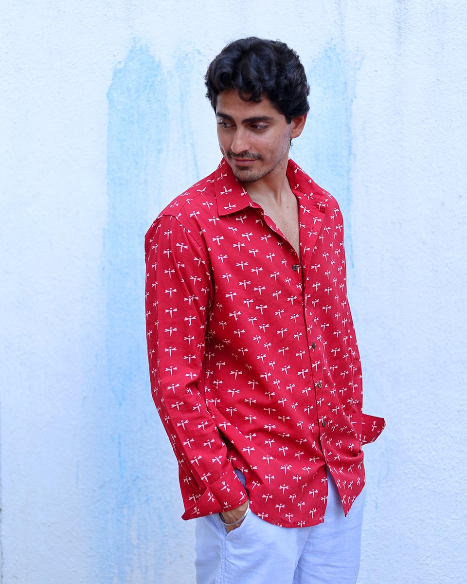 Shadan Red Hand Block Print Cotton Shirt -TOF
