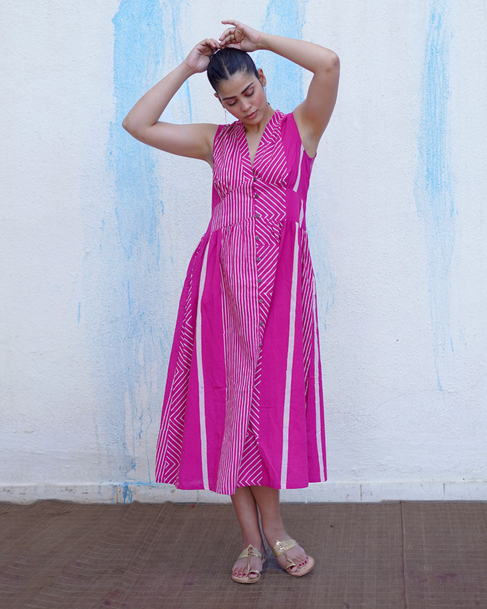 Chulbuli Pink Handblock Print Cotton Dress - BFG