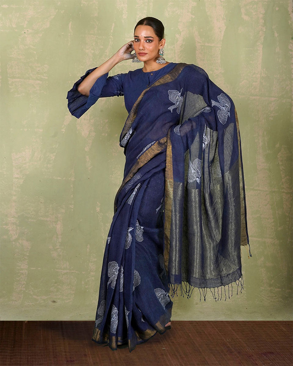 Rasiya Blue Handblock Print Linen Saree - INDI