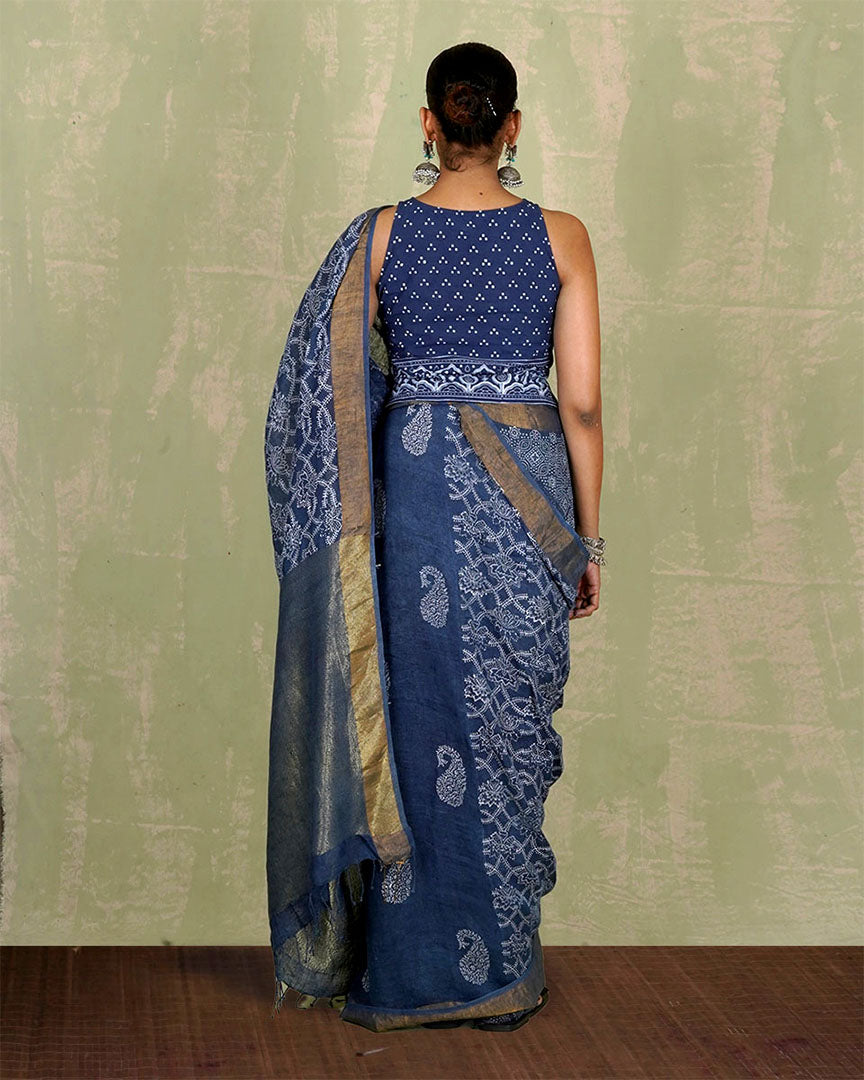 Malavi Blue Handblock Print Linen Saree - INDI