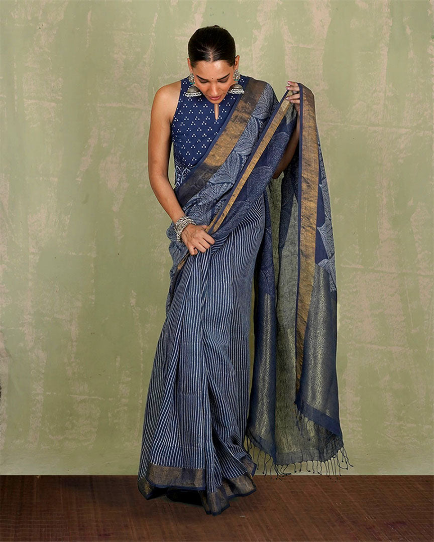 Malhari Blue Handblock Print Linen Saree - INDI