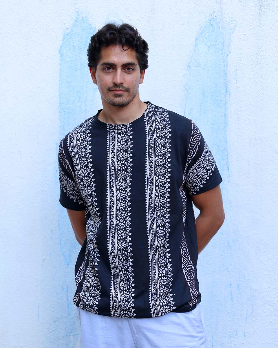 Qaafir Black Hand Block Print Cotton T- Shirt - TOF