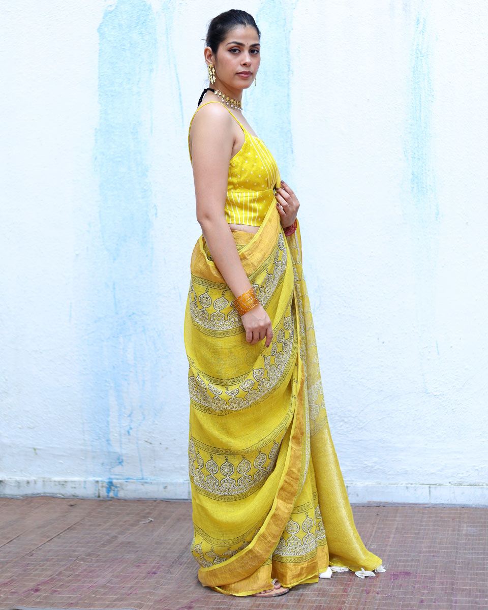 Ziya Yellow Handblock Print Linen Saree - RSH