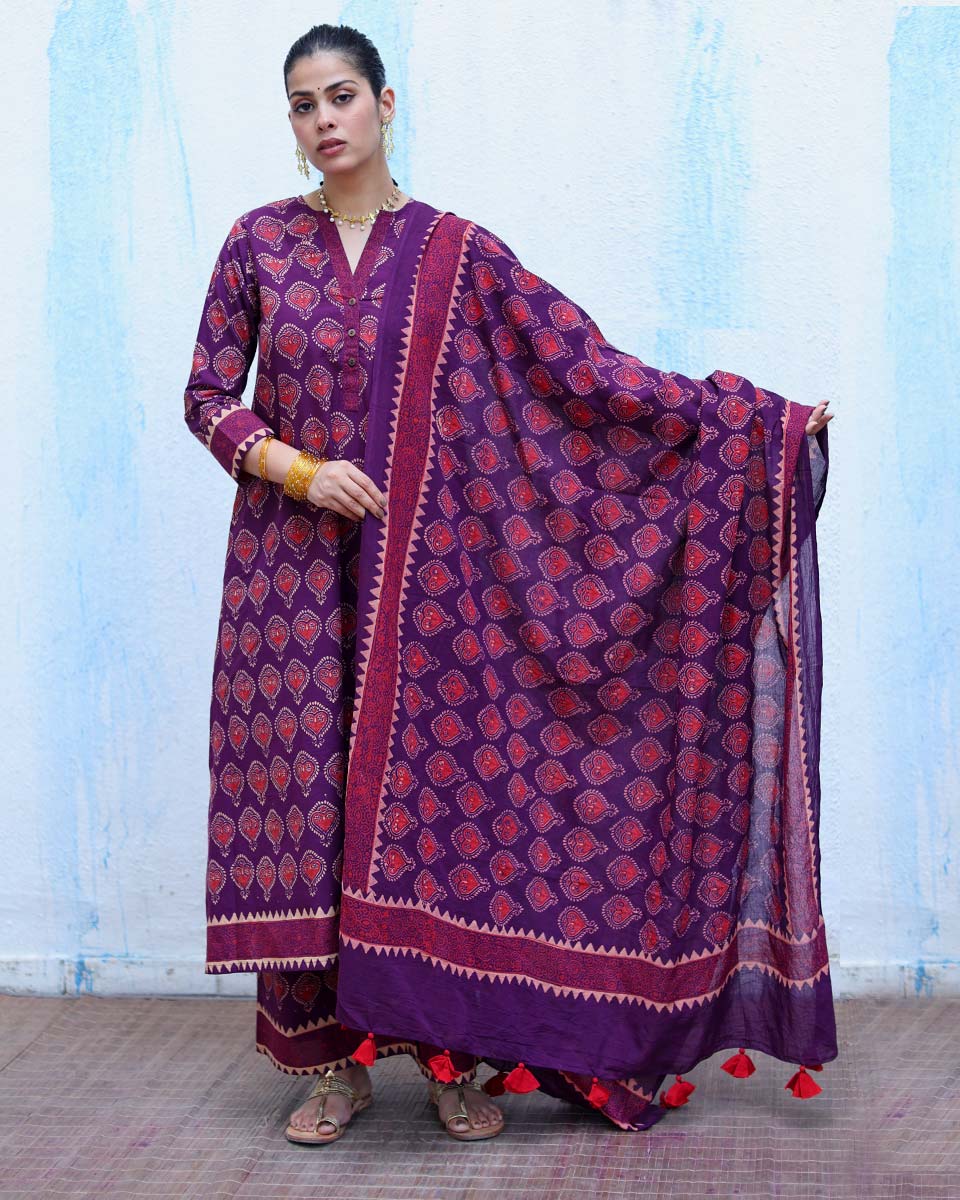 Ujwala Purple Handblock Print Cotton Dupatta - RSH