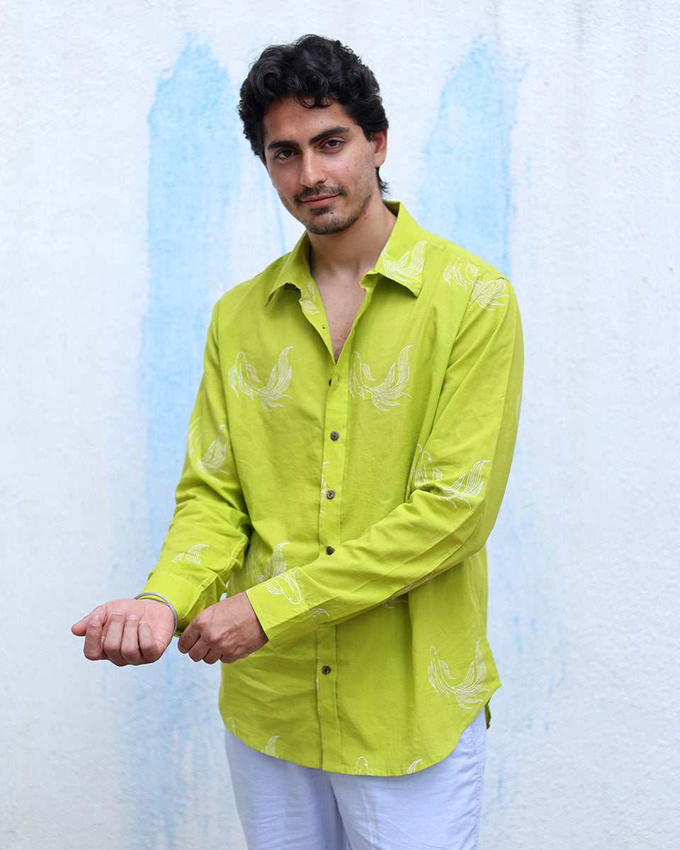 Chirag Lime Green  Hand Block Print Cotton Shirt -TOF