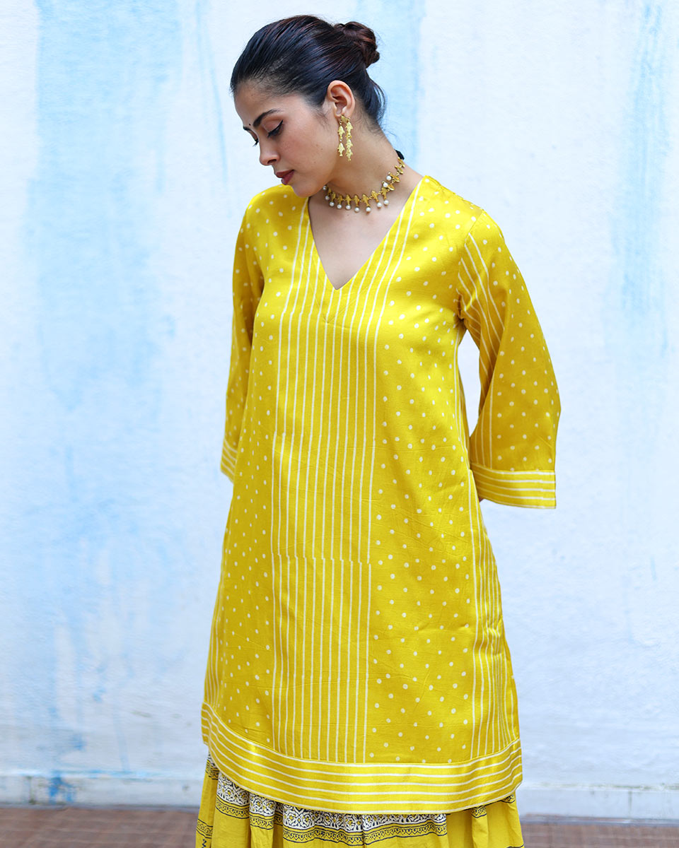 Jhilmil Yellow Handblock Print Mashru Silk Kurta - RSH