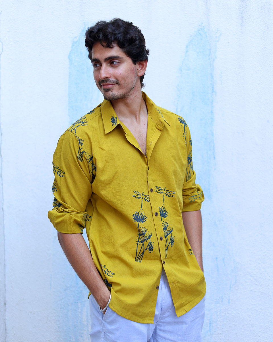 Udan Mustard Yellow Hand Block Print Cotton Shirt -TOF