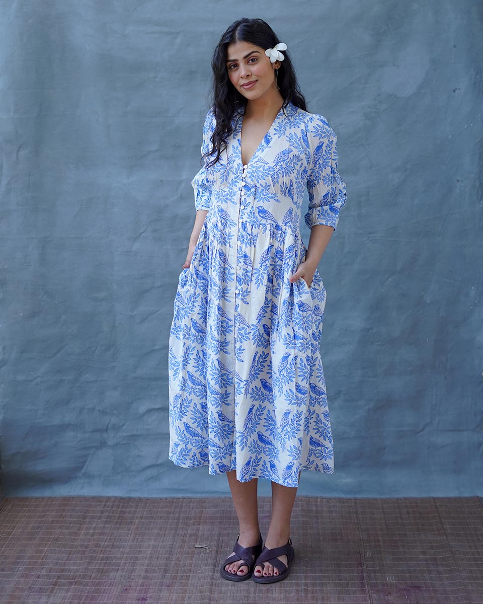 Neyra Ivory Blue Hand Block Printed Dress-BAD