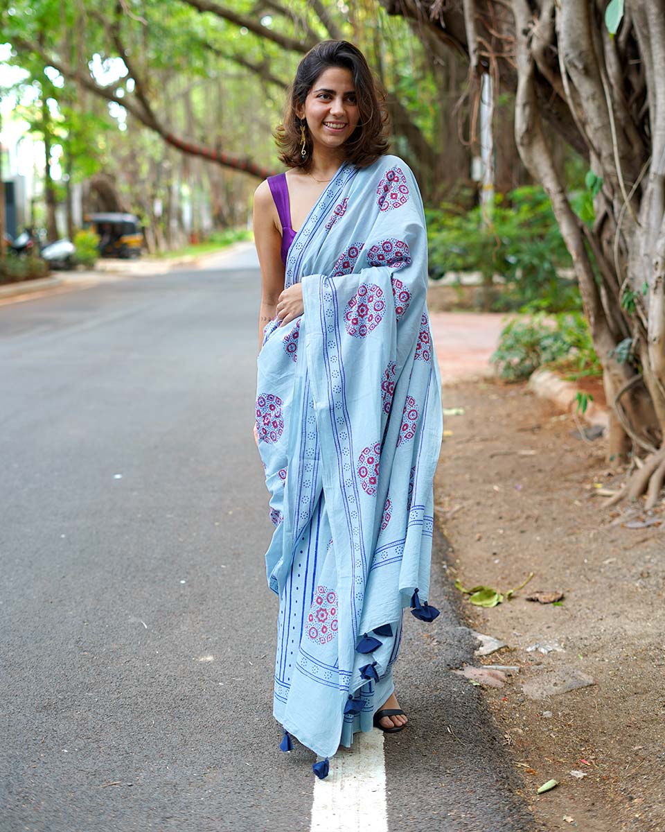 Blueberry Cream Sky Blue Handblock Print Cotton Saree - PBC