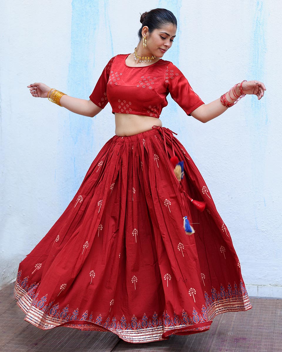 Jyotsna Red Handblock Print Cotton Ghagra - RSH