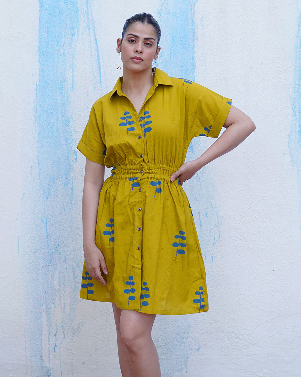 Chanchal Mustard Yellow Handblock Print Cotton Dress - BFG