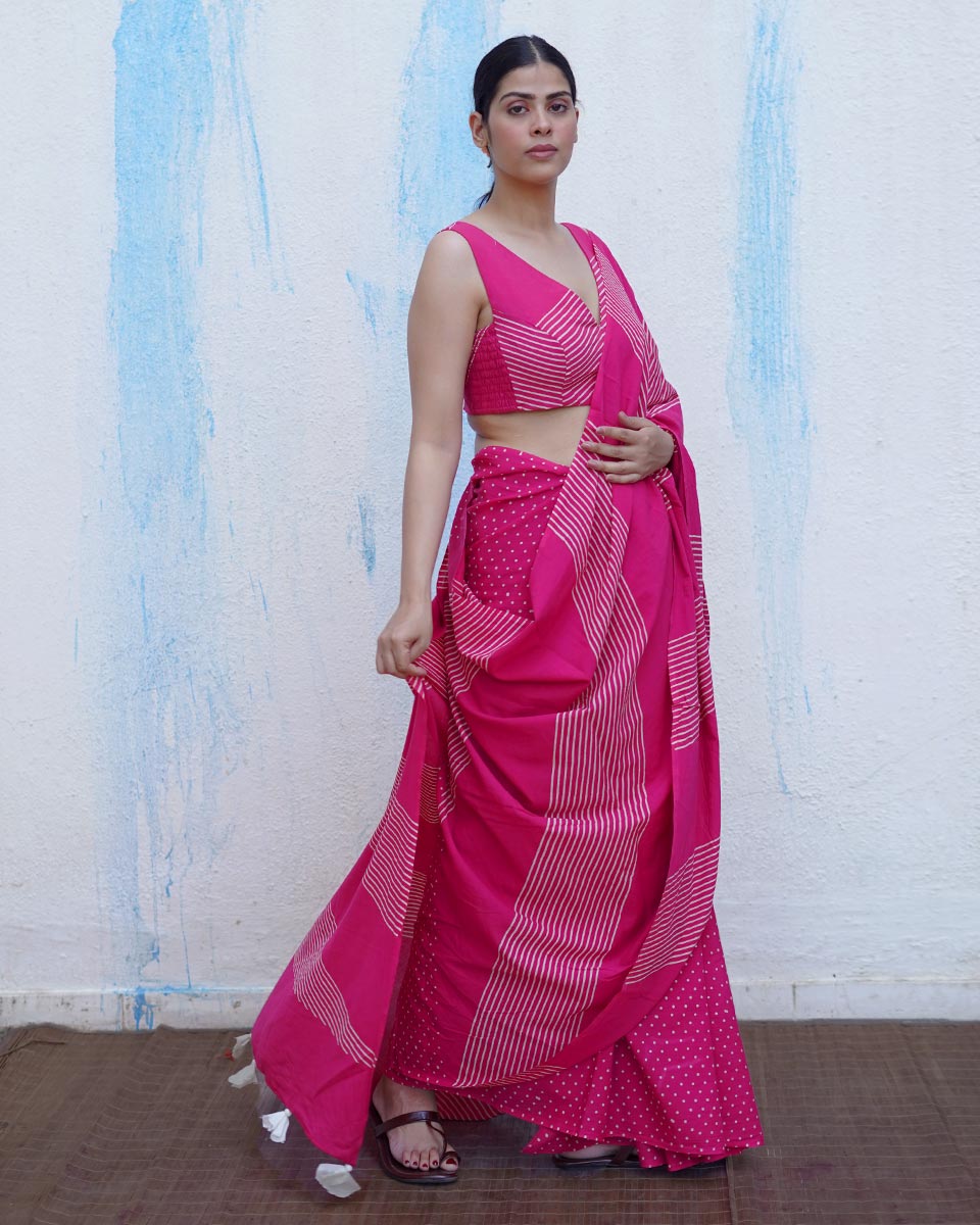 Koyal Pink Handblock Print Cotton Saree - BFG