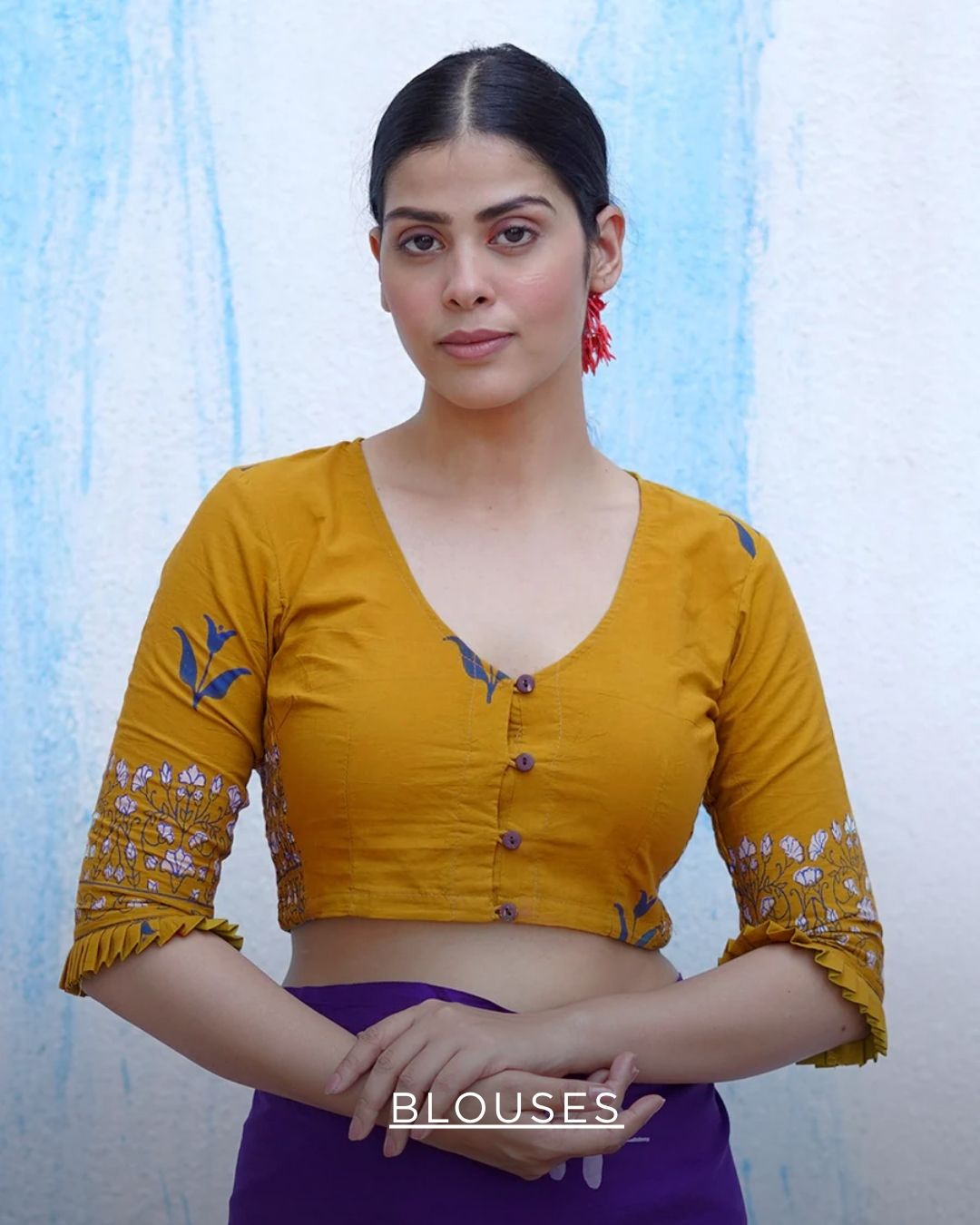 Buy Yellow Blockprinted Crop Top Blouse | Blouses