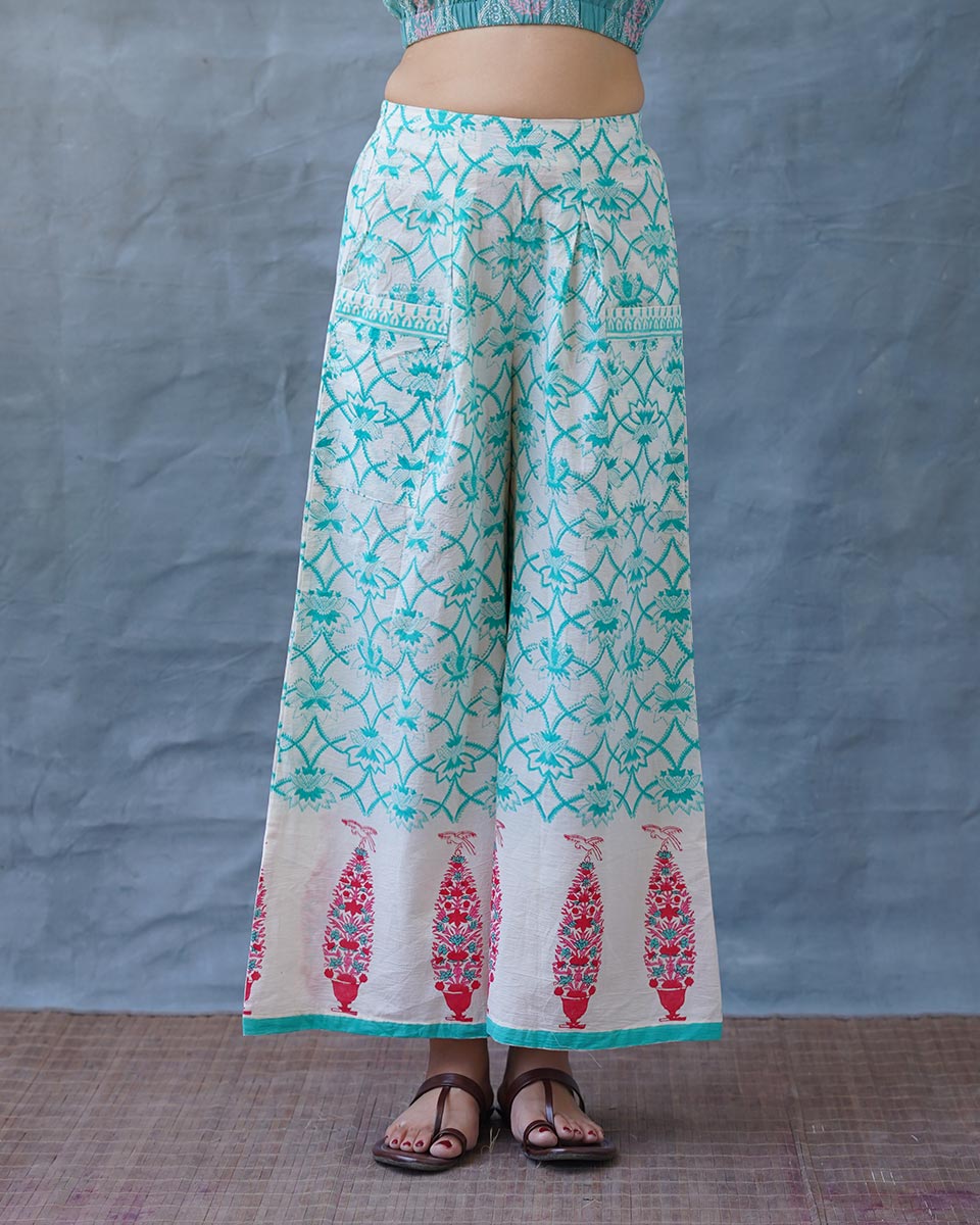Cosmosâ€™ Call Teal Green Block Printed Pants - MMG