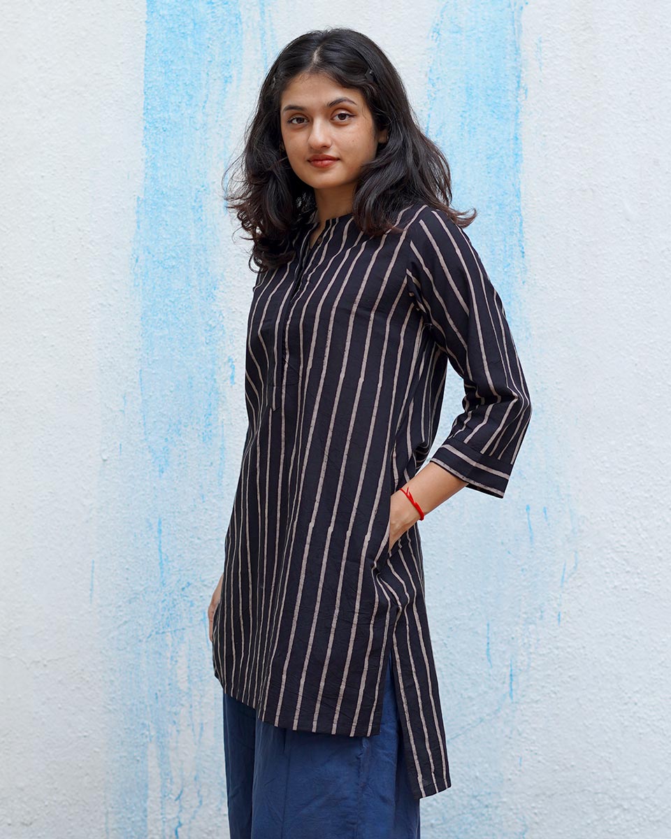 Flower Moon Black Handblock Print Cotton Kurta - MNCH