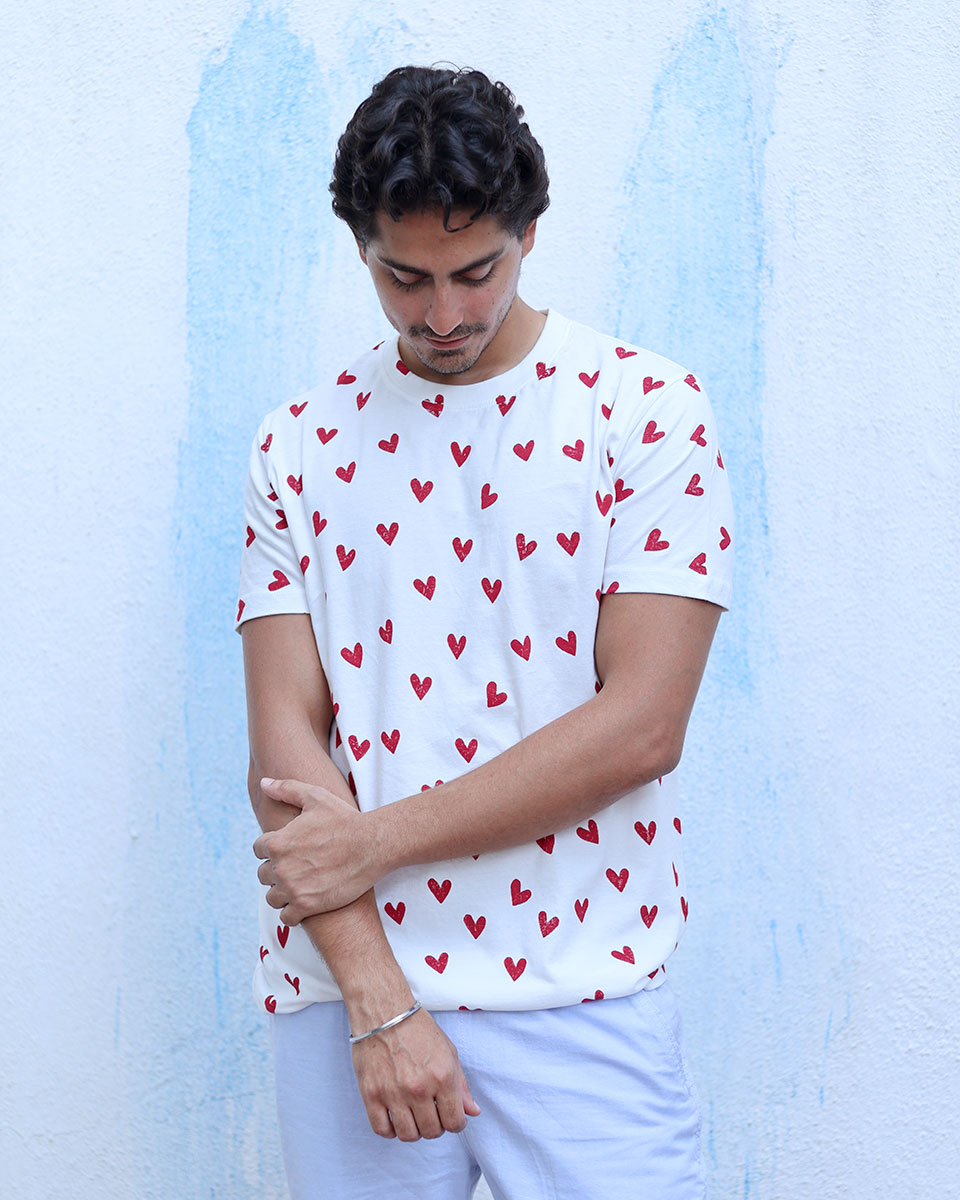 Gustaakh White Hand Block Print Cotton T- Shirt -TOF
