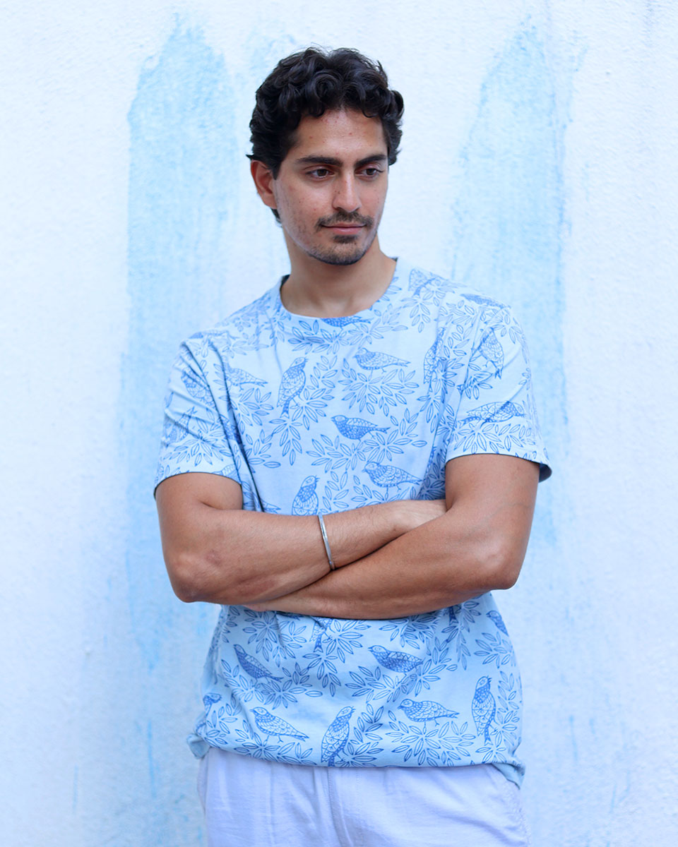 Anhad Sky Blue Hand Block Print Cotton T- Shirt - TOF