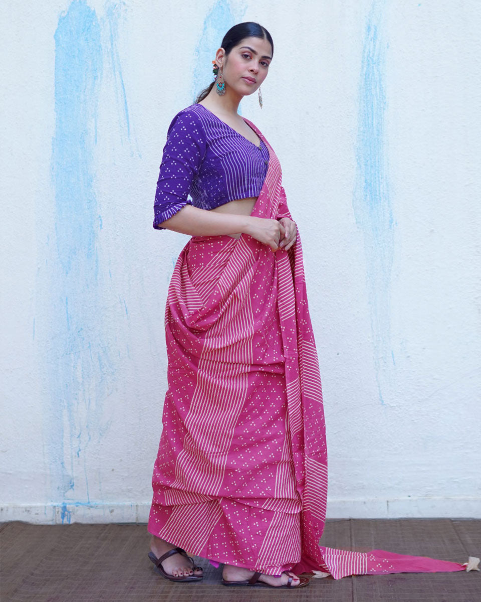 Patang Pink Handblock Print Cotton Saree - BFG