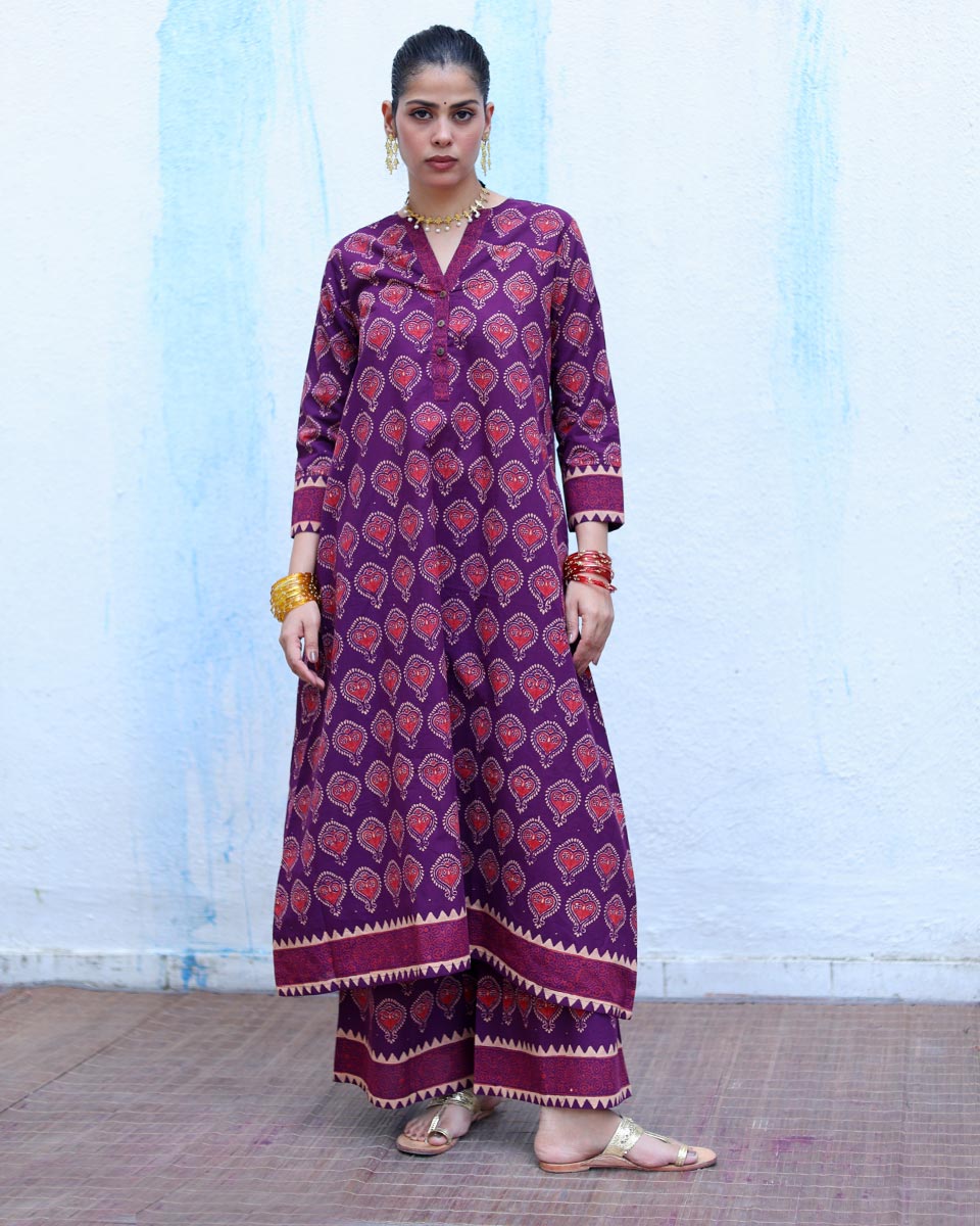 Jugni Purple Handblock Print Cotton Kurta Set - RSH