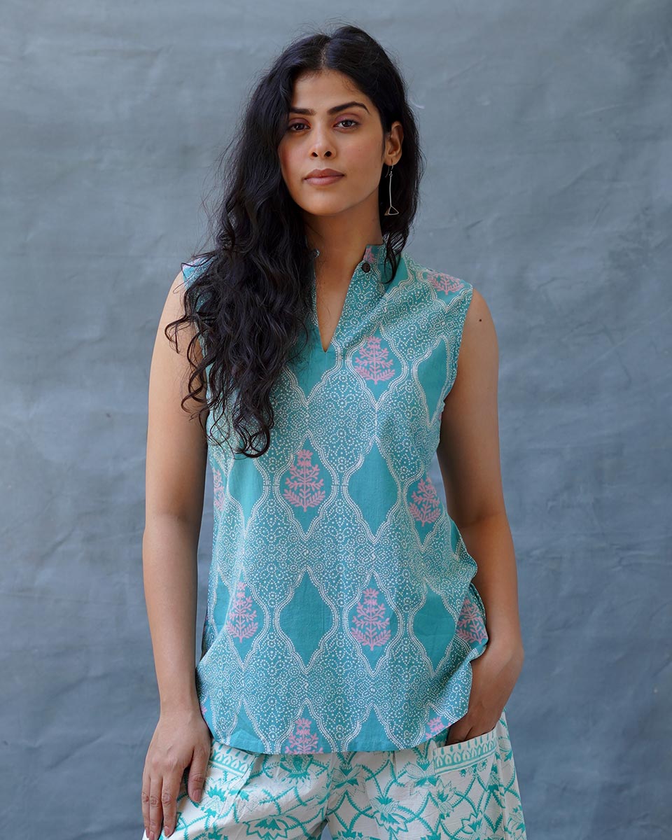 Frangipaniâ€™s Freshness Teal Green Block Printed Top - MMG