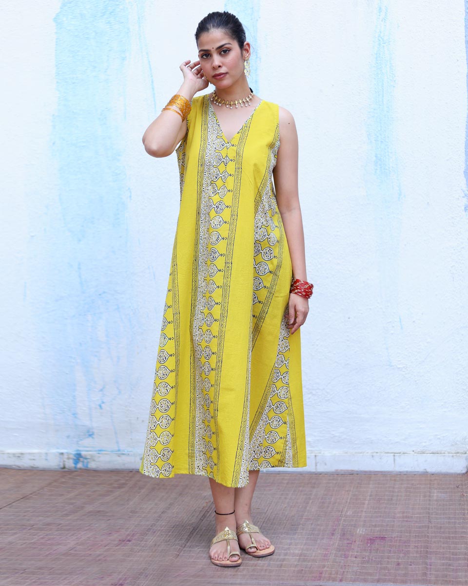 Roushan Yellow Handblock Print Cotton Dress - RSH