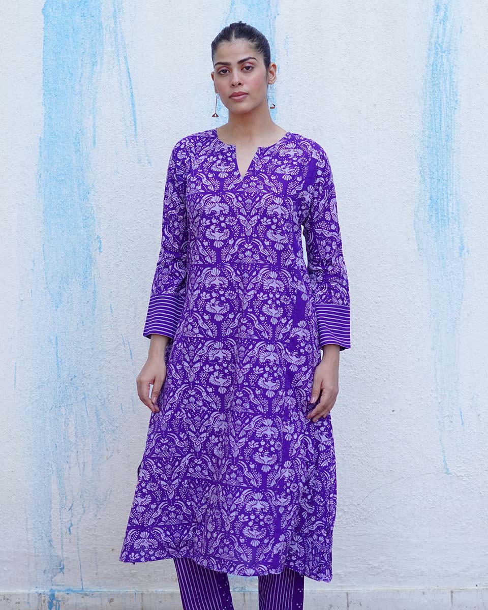 Hawa Purple Handblock Print Cotton Kurta Set - BFG