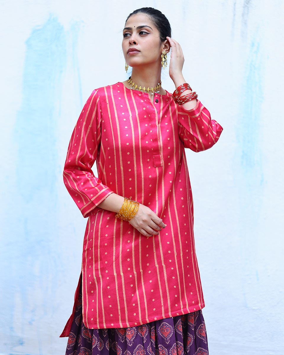 Kiran Pink Handblock Print Mashru Silk Kurta - RSH