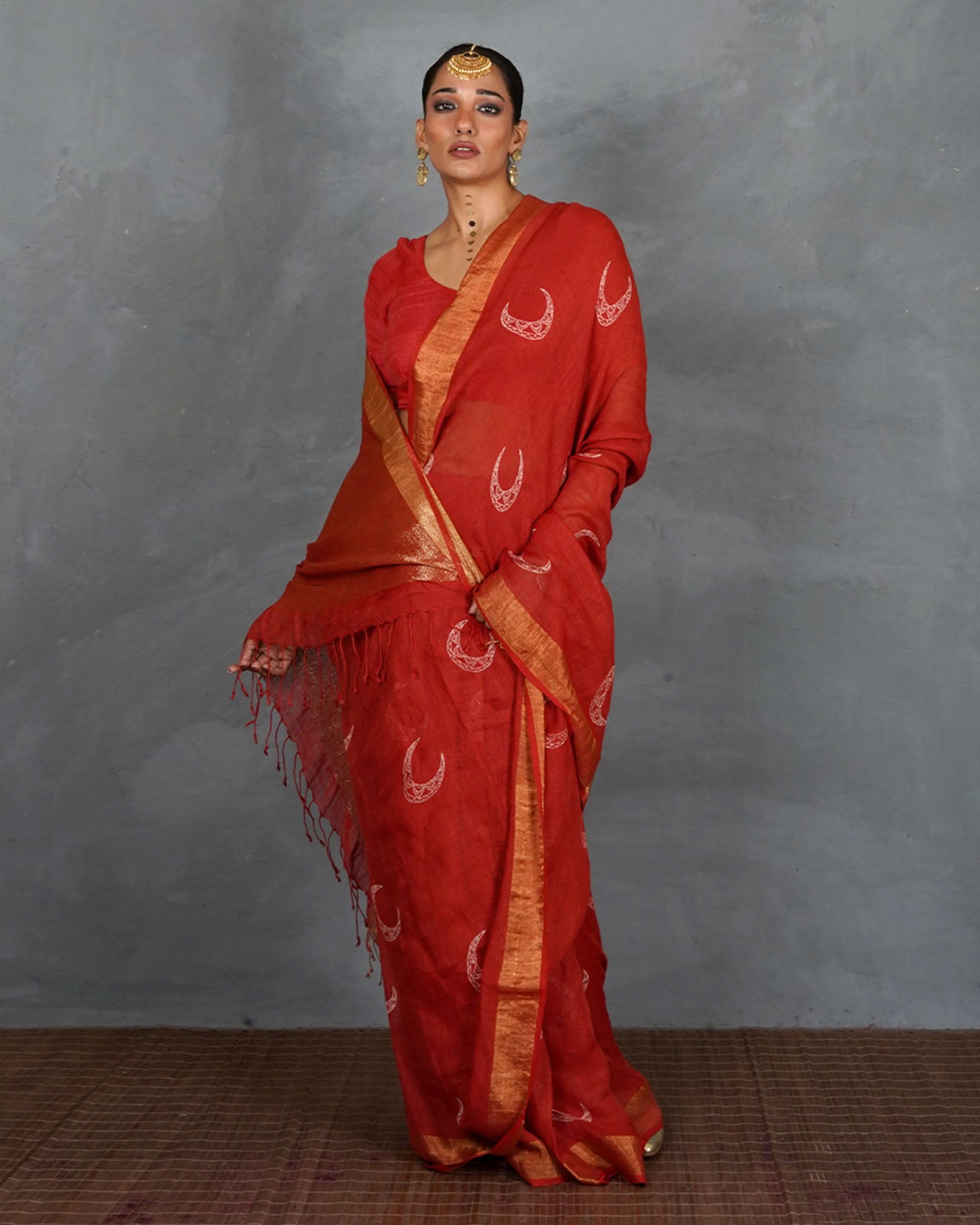 Taraani Red Handblock  Linen Saree - TARA