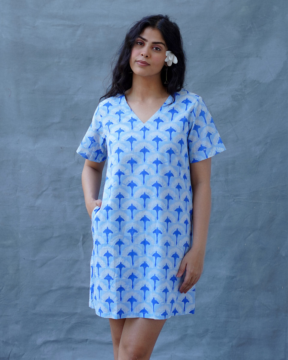 Ira Blue Hand Block Printed Dress-BAD