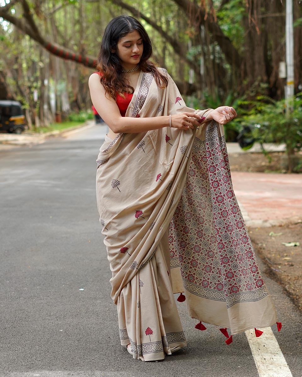 Coconut Chikki Beige Handblock Print Cotton Saree - PBC